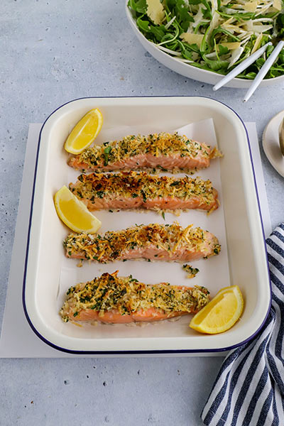 Parsley & parmesan crumbed salmon with citrus dressing recipe - Blackmores